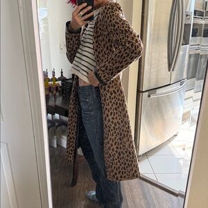 Kasper Leopard Print Trench Coat leather trim size 6